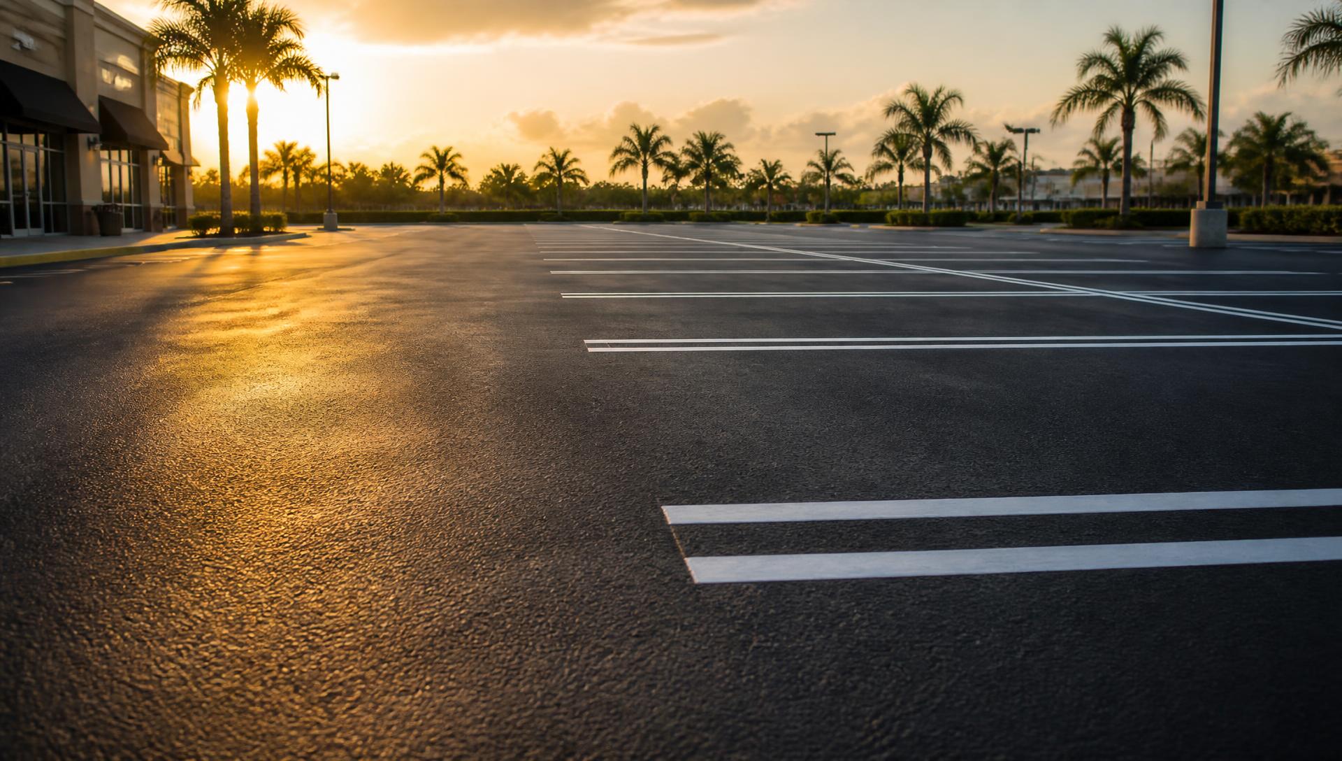 Freshly sealcoated and striped parking lot in Tampa at sunset